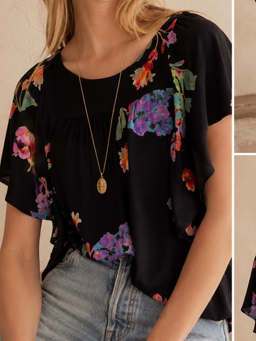 Maeve Womens Black Short Sleeve Bright Floral Top, Size S